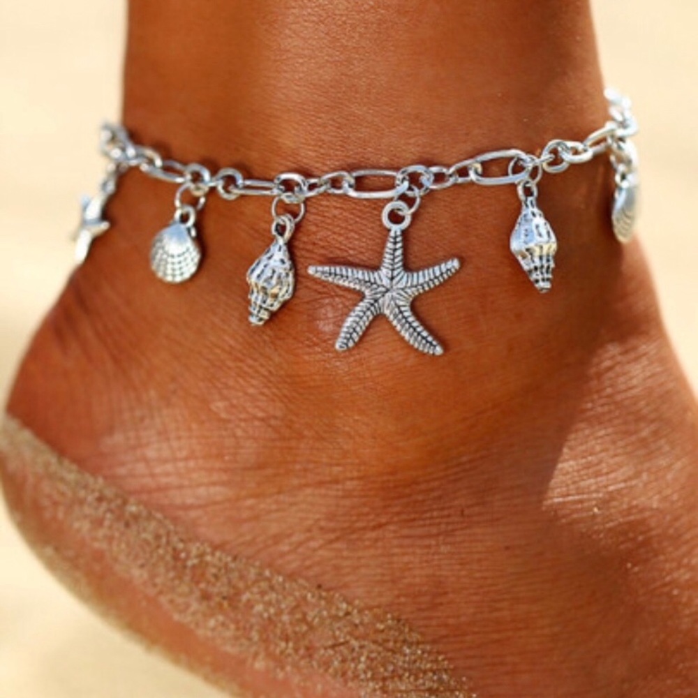 🏖NWOT Silver Starfish & Seashell Charm Anklet🏖 - Picture 1 of 8